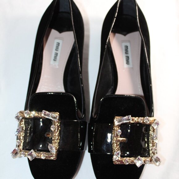 MIU MIU Jeweled Embellished Black Velvet Loafers Slip Ons Patent Pumps 39 - Picture 4 of 11